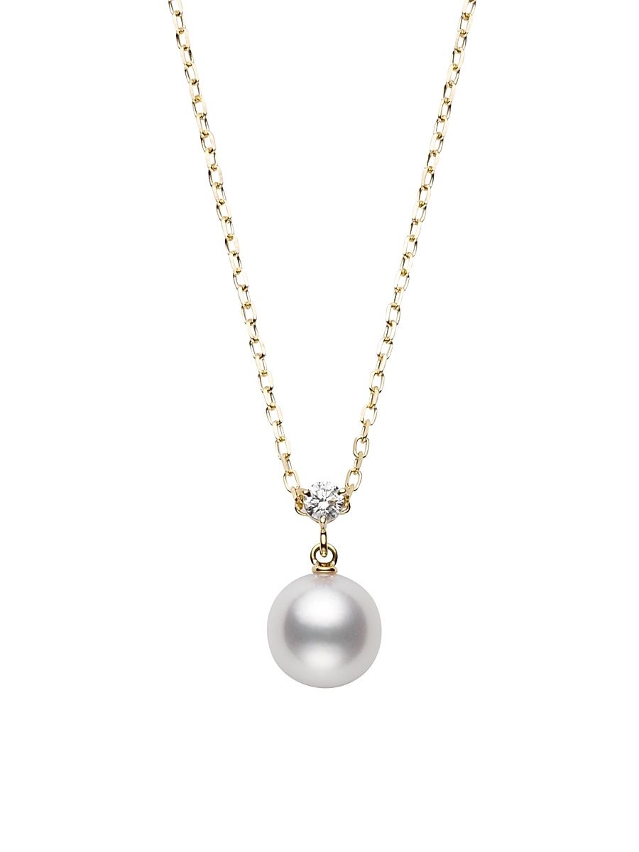 Women's Classic 18K Yellow Gold, 8.25MM Cultured Akoya Pearl & Diamond Pendant Necklace - Yellow Gold
