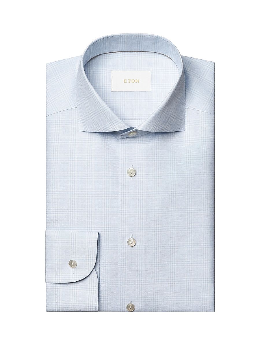 Men's Check Cotton-Linen Slim-Fit Shirt - Mid Blue - Size 17