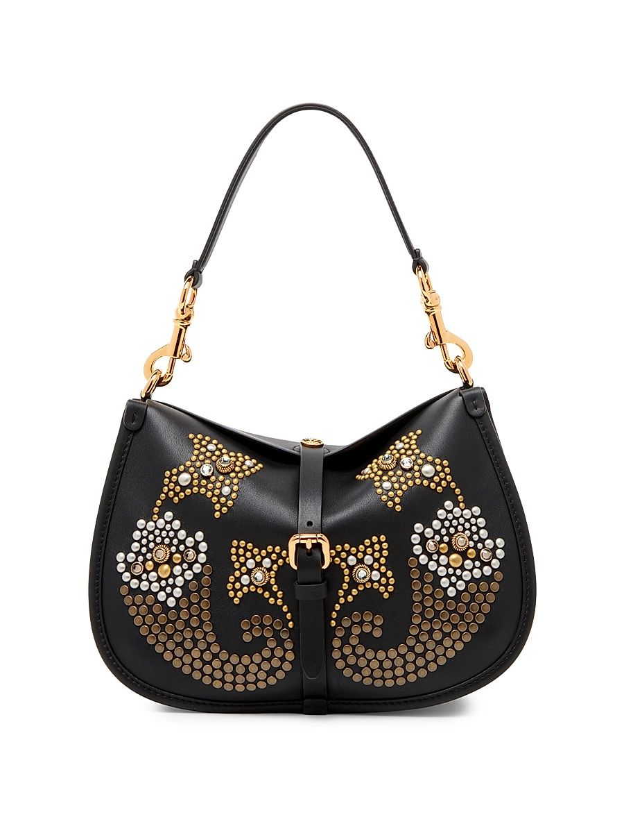 Women's Medium Pony Studded Leather Shoulder Bag - Black