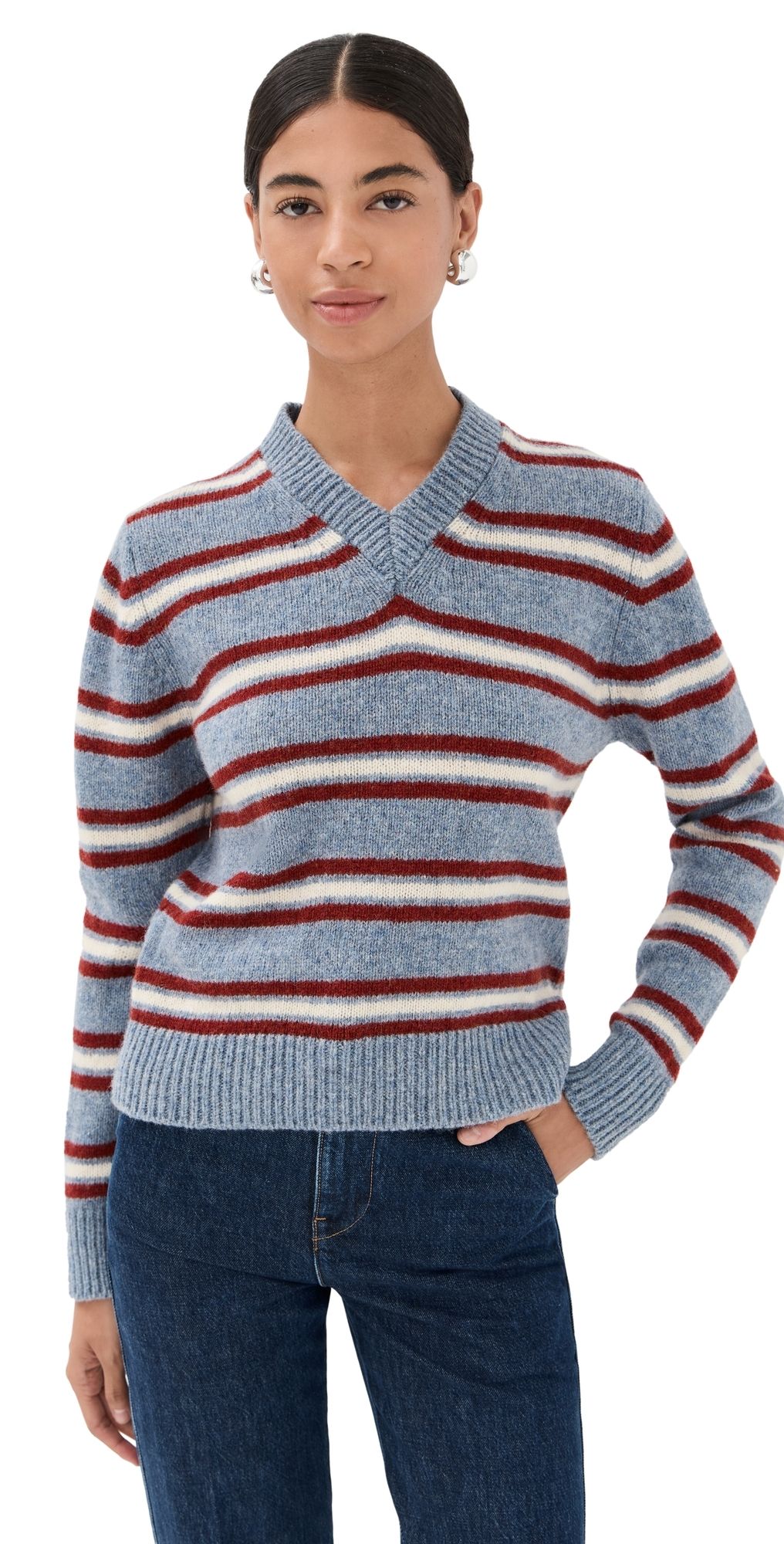 &Daughter Shetland Stripe V Neck Pale Blue Stripe L