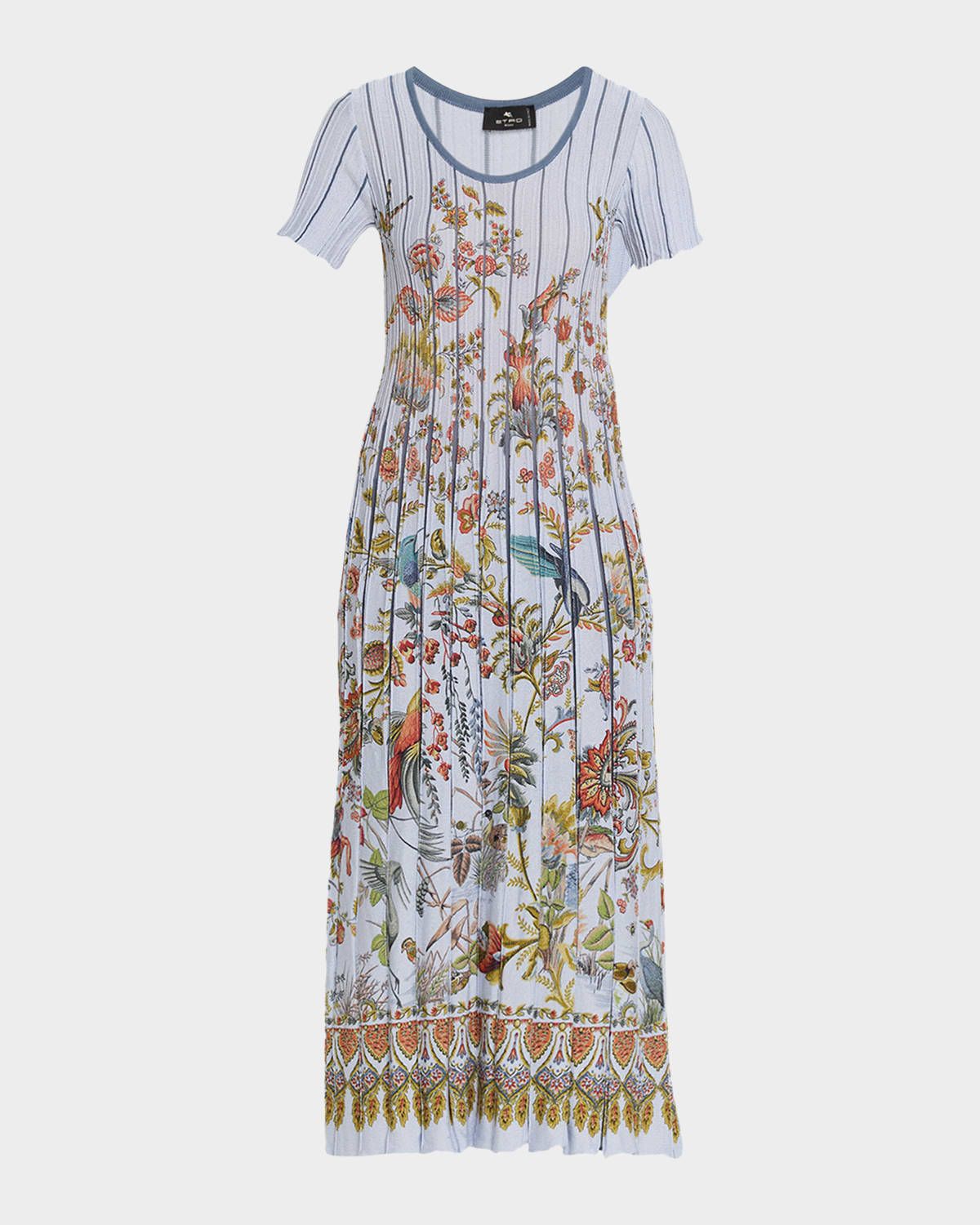 Floral-Print Pleated Short-Sleeve Midi Dress