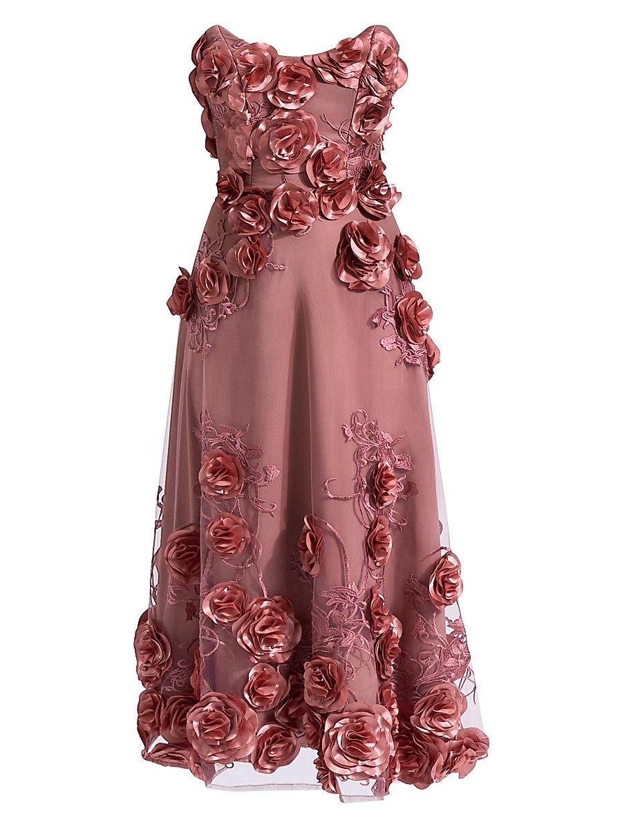 Women's Aonia Embellished Floral Mesh Strapless Midi-Dress - Ash Rose - Size 12