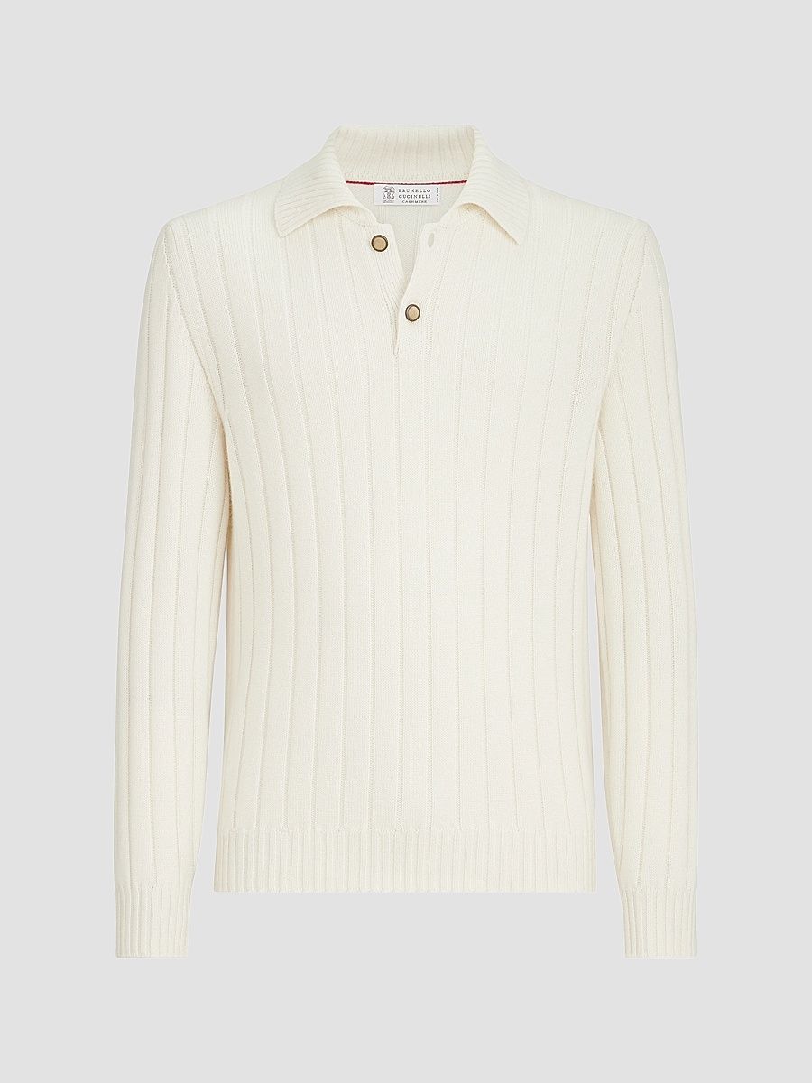Men's Cashmere Ribbed Knit Polo Shirt - Panama - Size 48