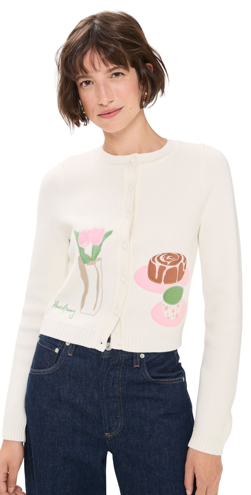 House of Sunny Collarless Picture Knit Cardigan Ivory 8