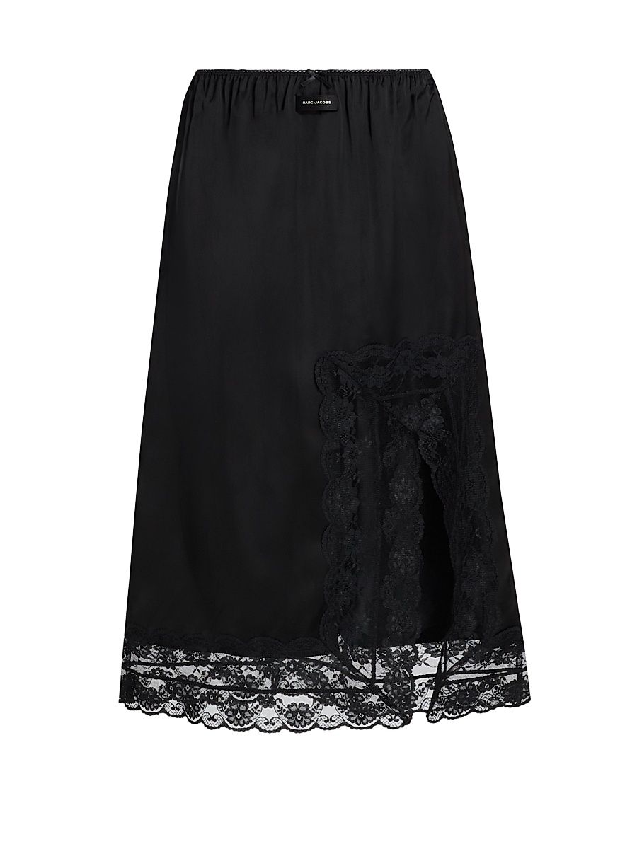 Women's Lace-Trimmed Satin Slip Midi-Skirt - Black - Size XS