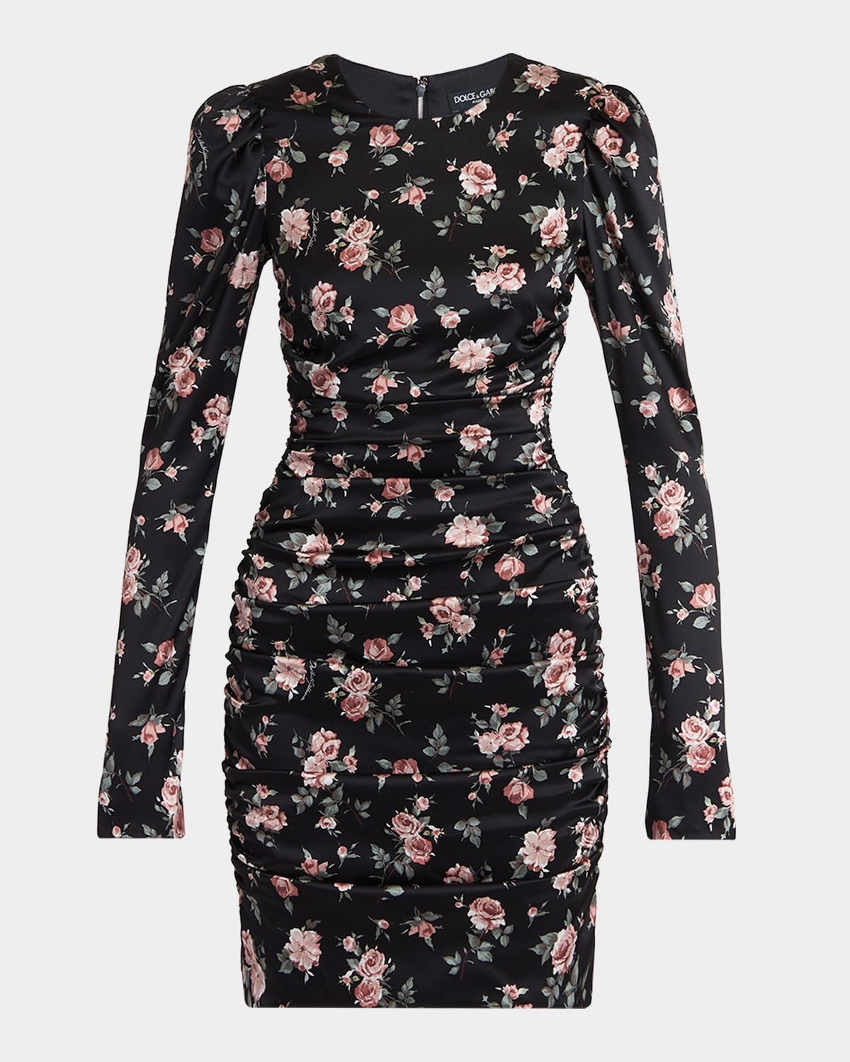 Small Rose Bouquets-Print Long Satin Dress