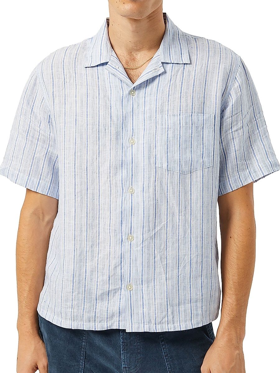 Men's Broadstriped Linen Camp Shirt - Blue - Size Small