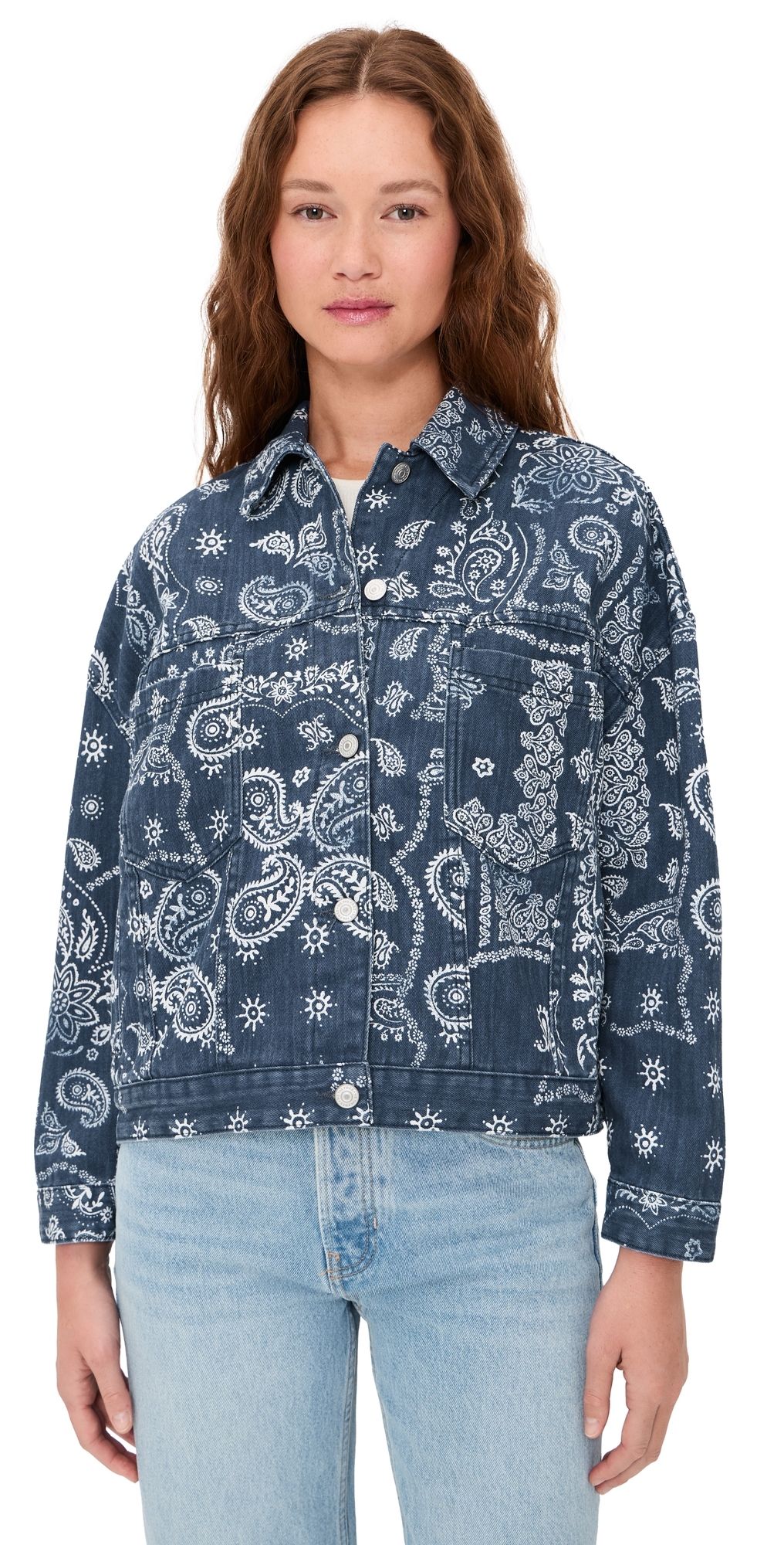 Free People Opal Swing Printed Denim Jacket Navy Combo/Bandana S