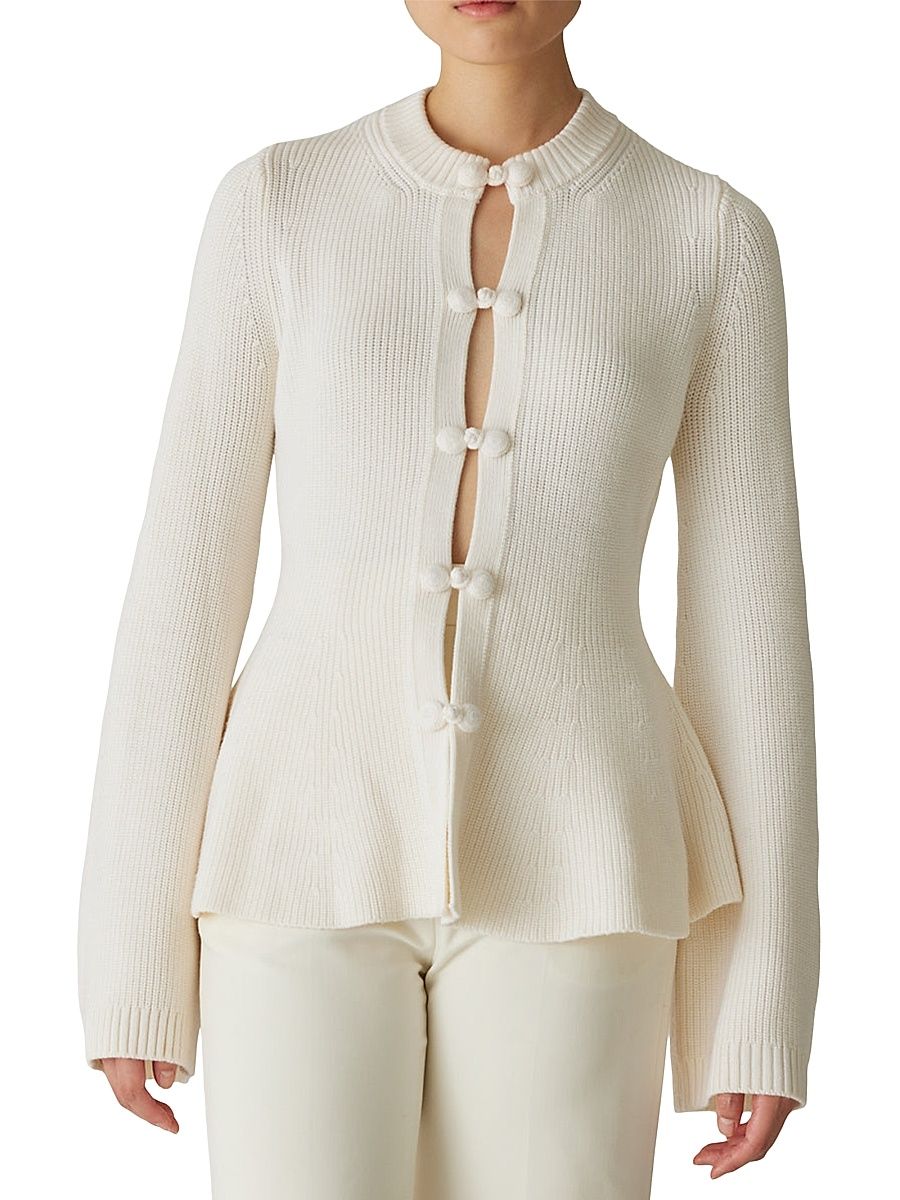 Women's Novlety Button-Front Peplum Cardigan - Cream - Size Medium