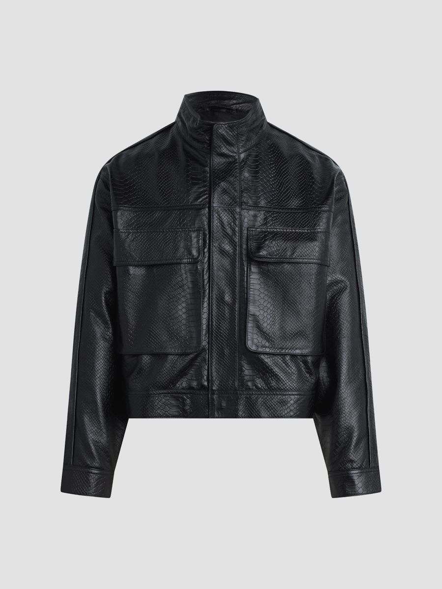 Hudson Jeans Men's Python-Embossed Leather Jacket - Black Python - Size Large