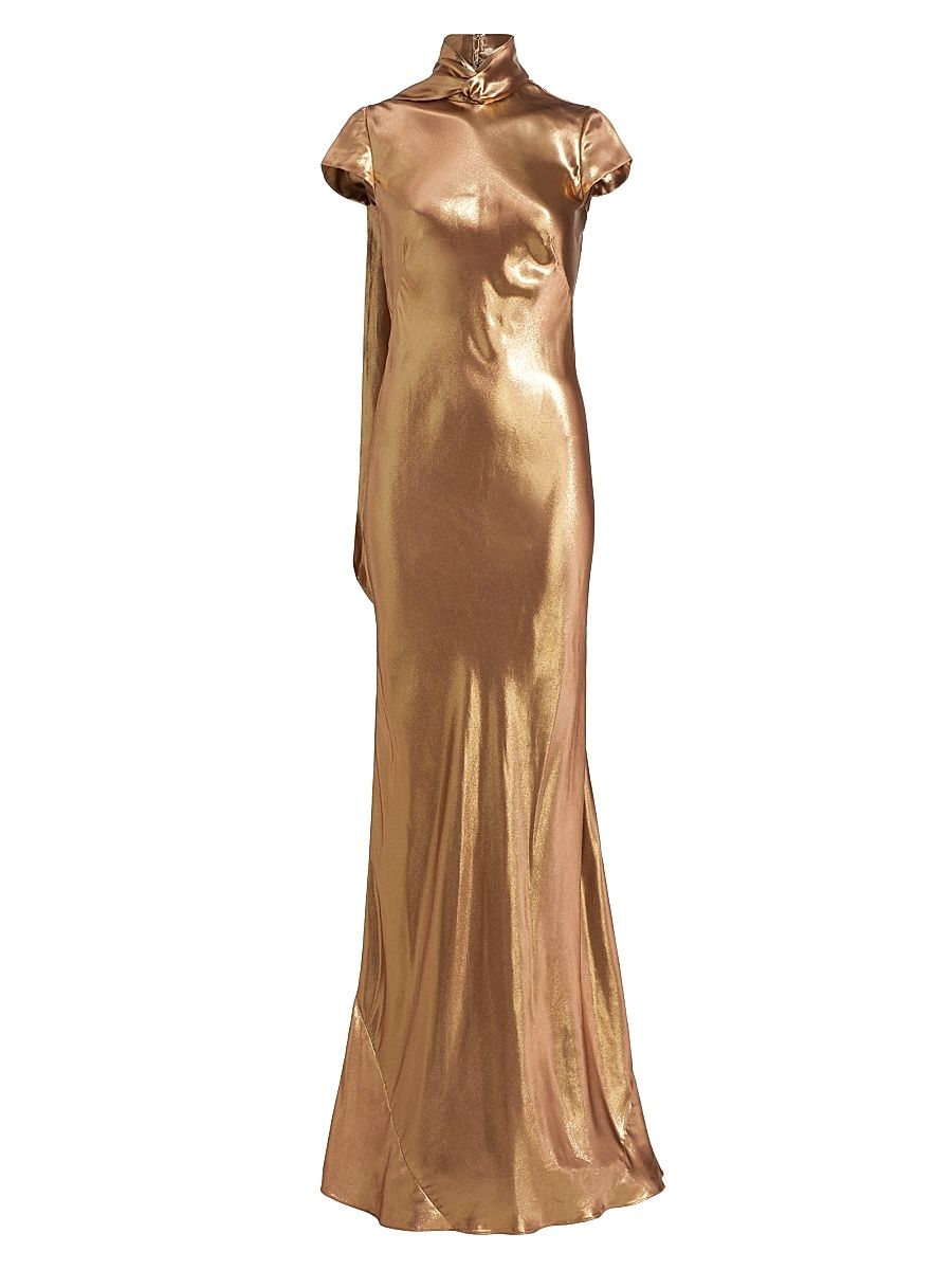 Women's Solar Gaze Metallic Tie-Neck Gown - Gold - Size 12