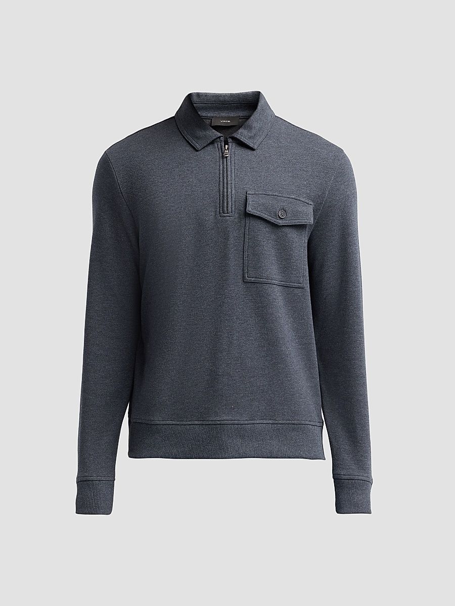 Men's Cotton Pique Zip Polo Shirt - Azure Grey - Size XXL