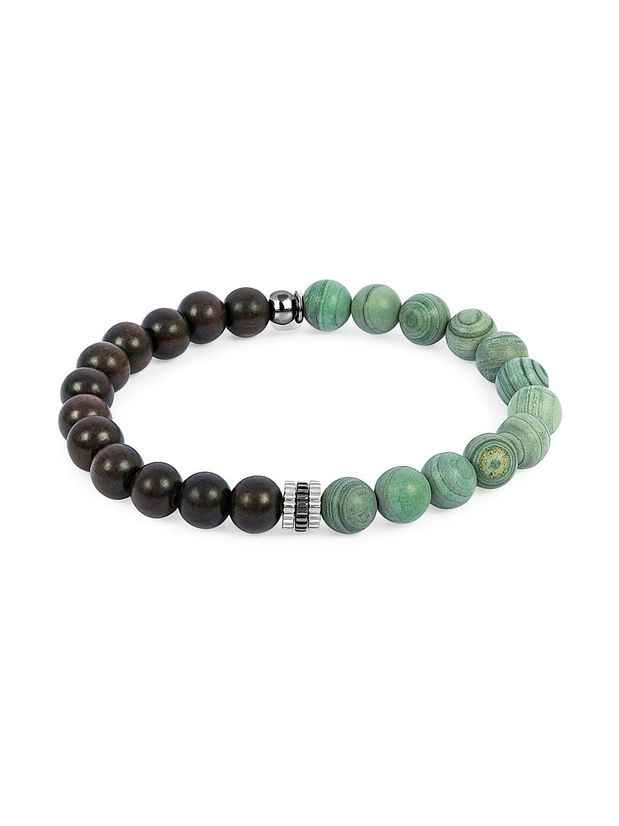 Men's Sterling Silver, Green Wood Jasper & Ebony Wood Beaded Bracelet - Green