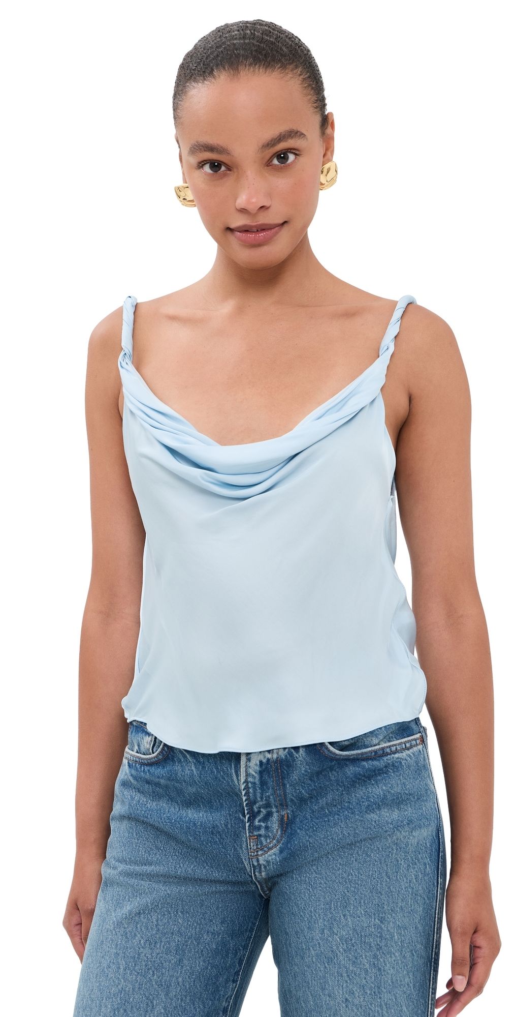 ALICE + OLIVIA Monique Twist Strap Cowl Neck Tank Blue Breeze M