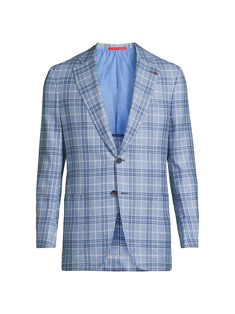Men's Light Blue Easy Plaid Wool-Cashmere Jacket - Pastel Blue - Size 50
