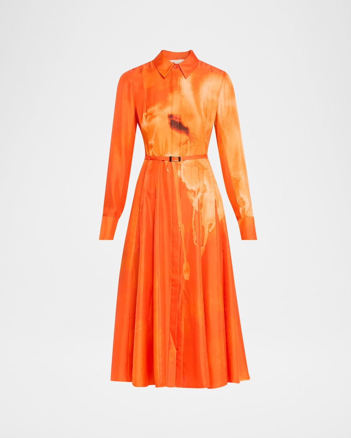 Pleated Watercolor-Print Silk Midi Shirtdress