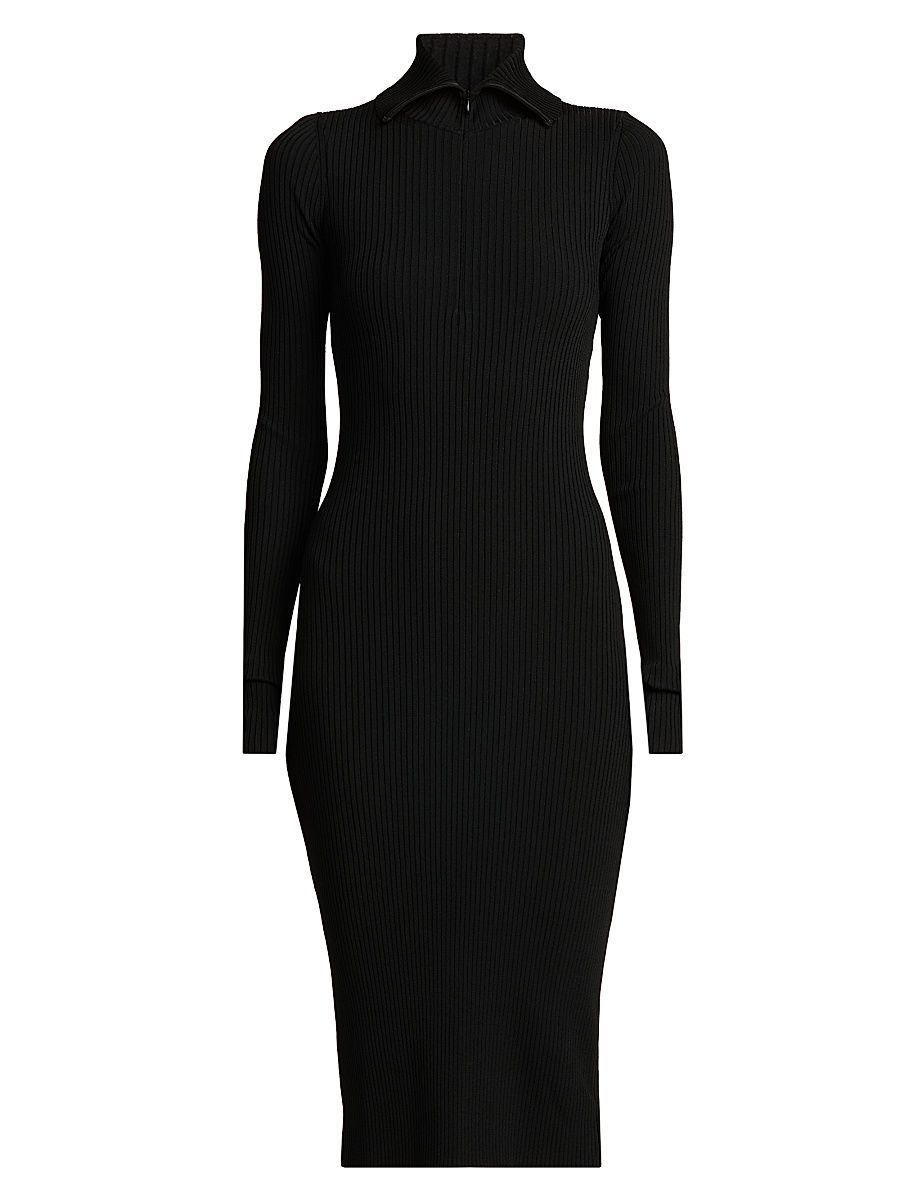 Women's Stretch Rib-Knit Polo Midi-Dress - Black - Size Small