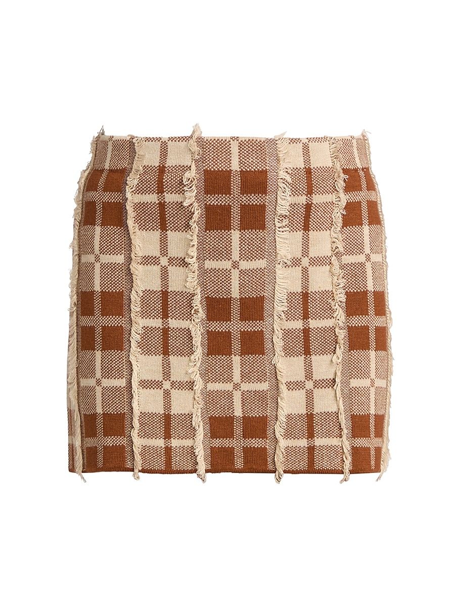 Women's Fringe Plaid Silk-Linen Miniskirt - Burnt Sienna Sandstone - Size XS