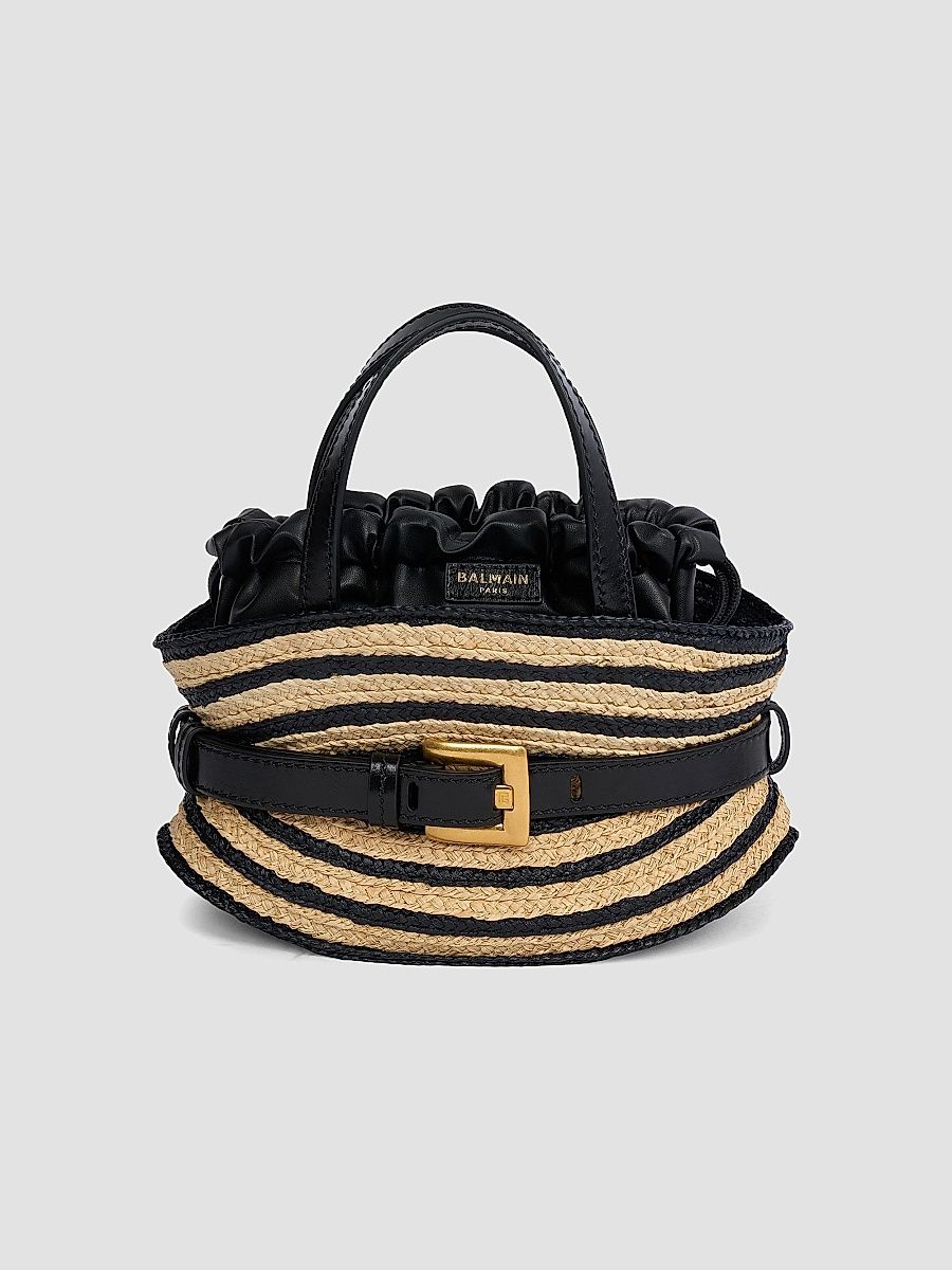 Balmain Women's Shuffle Mini Raffia & Leather Top Handle Bag - Naturel Noir