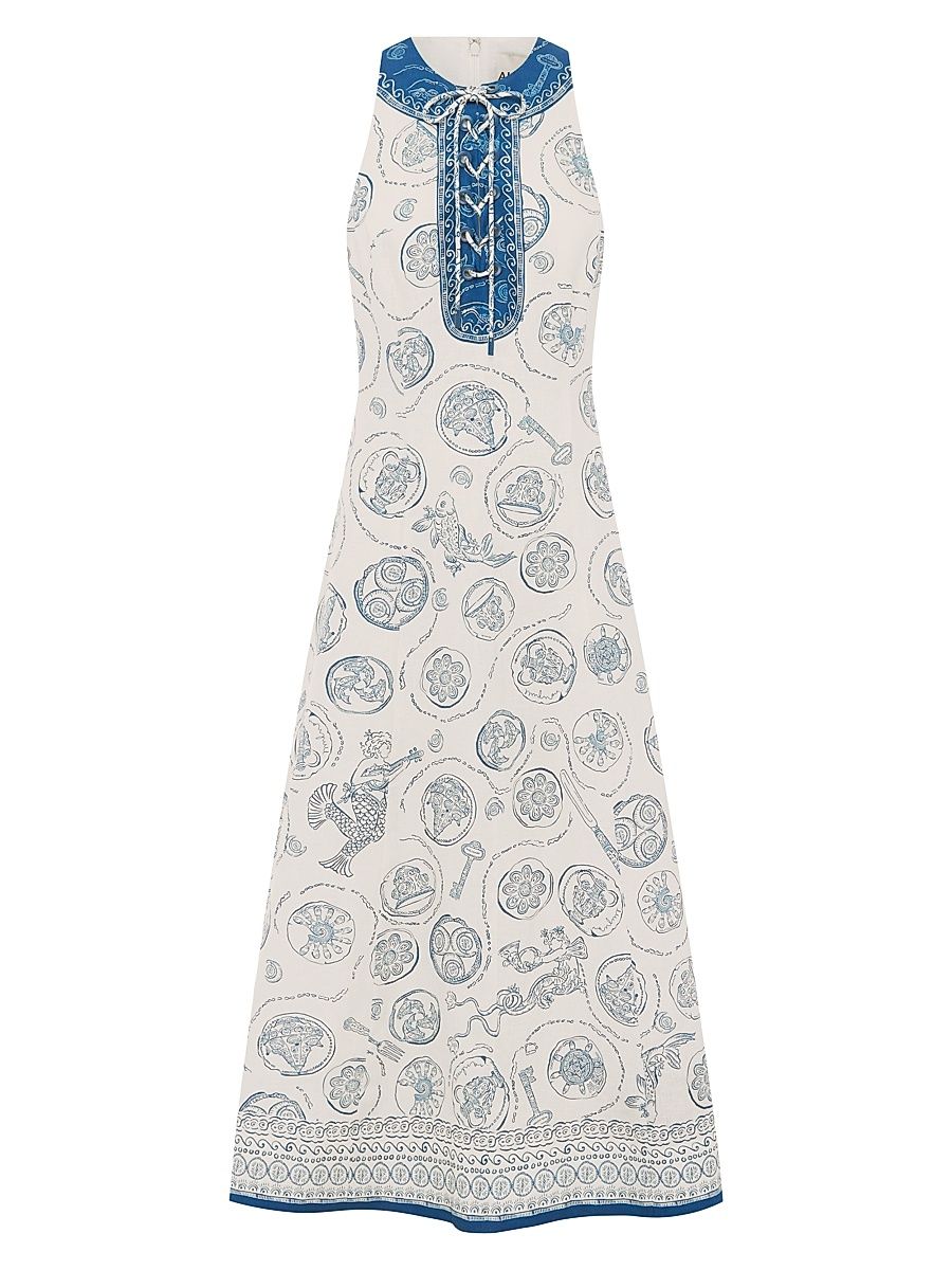 Women's Lucky Mixed-Print Linen Lace-Up Midi-Dress - Ivory - Size 12