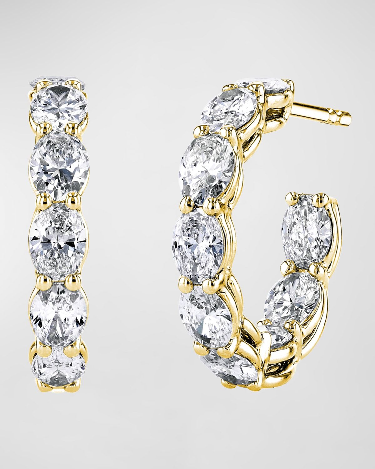 18K Gold North-South Oval-Cut Diamond Hoop Earrings, 6.6tcw/1"L
