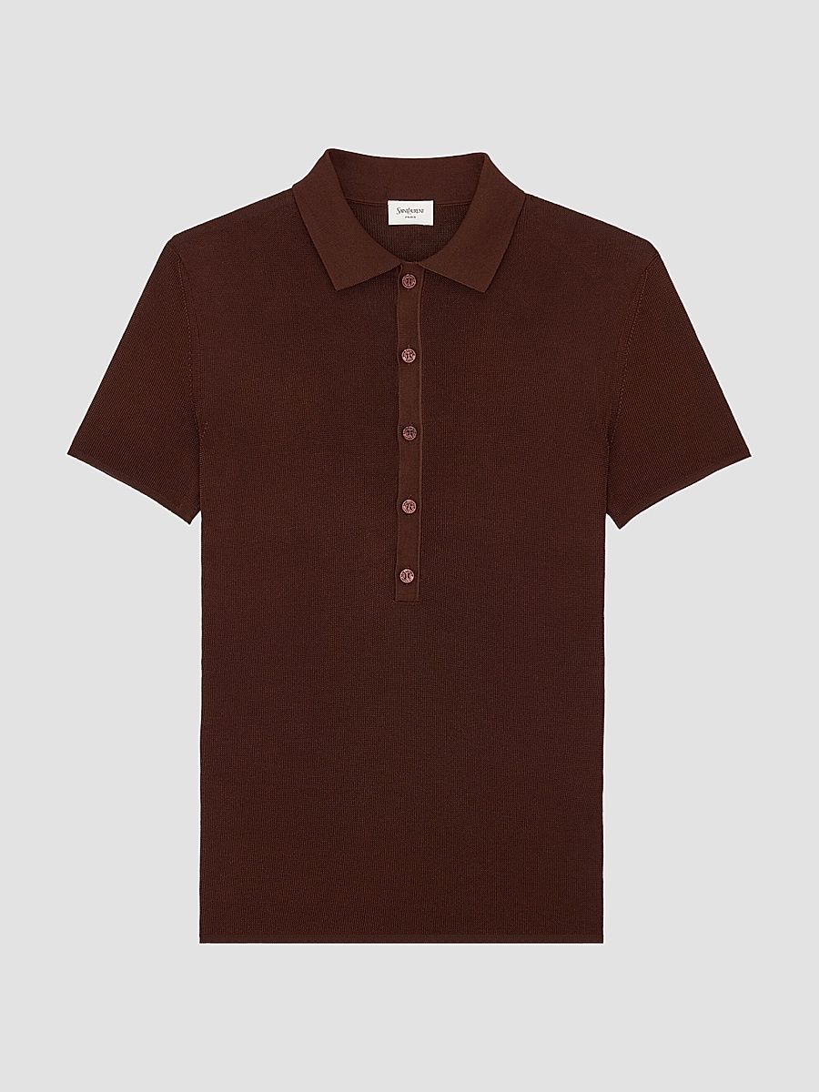 Saint Laurent Men's Polo Shirt in Seedstitch Silk - Chocolat - Size Small