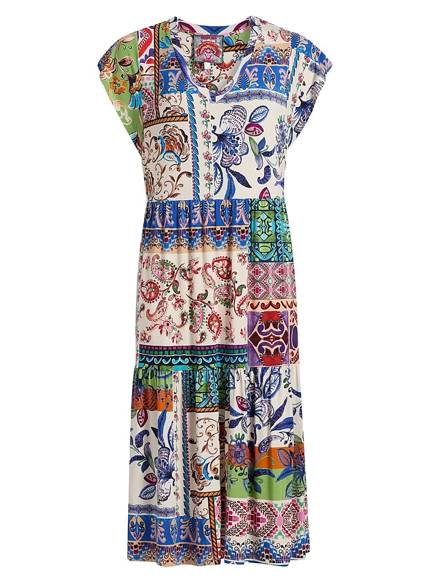 Women's The Janie Patchwork Printed Tea-Length Dress - Armeria Scarf - Size XS