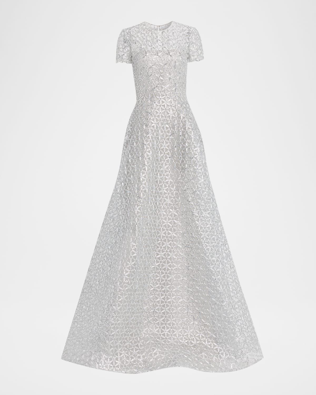 Metallic Raffia Embroidered Short-Sleeve Gown
