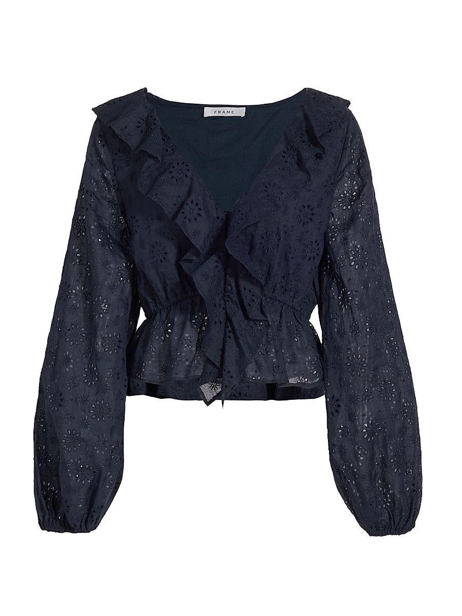 Women's Ruffled Eyelet Blouse - Navy - Size XL