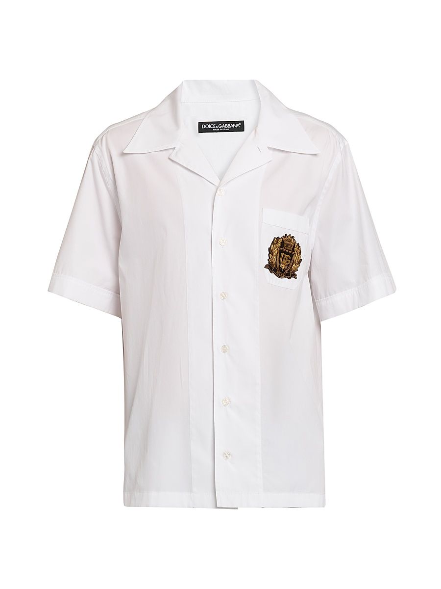 Dolce & Gabbana Men's Logo Seal-Embroidered Cotton Poplin Short-Sleeve Shirt - Bianco Ottico - Size 17.5