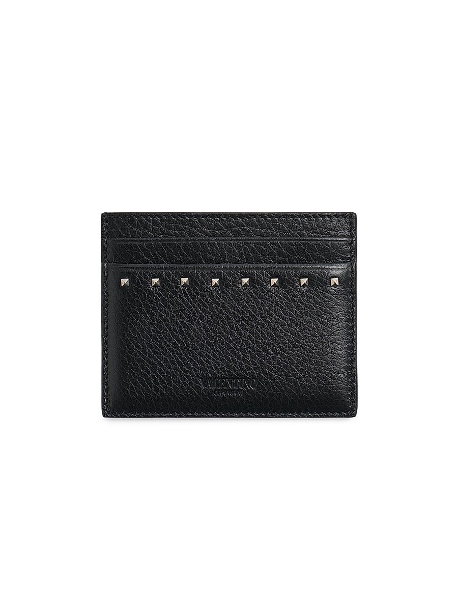 Men's Rockstud Grainy Calfskin Cardholder - Black
