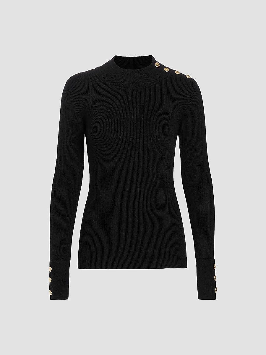 Elie Tahari Women's Naya Button-Detailed Rib-Knit Sweater - Noir - Size XL