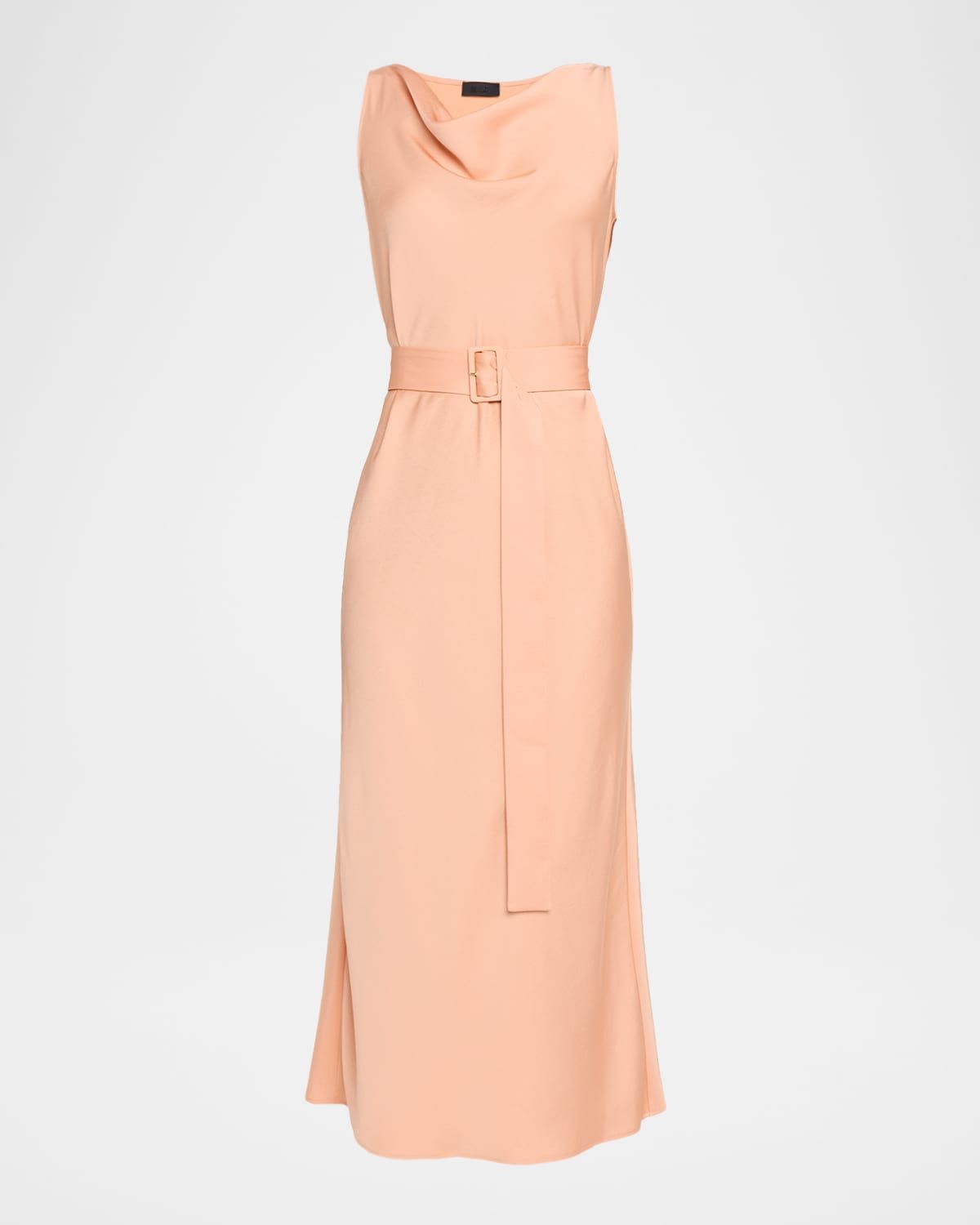 Lightweight Satin Cowl-Neck Belted Midi Dress