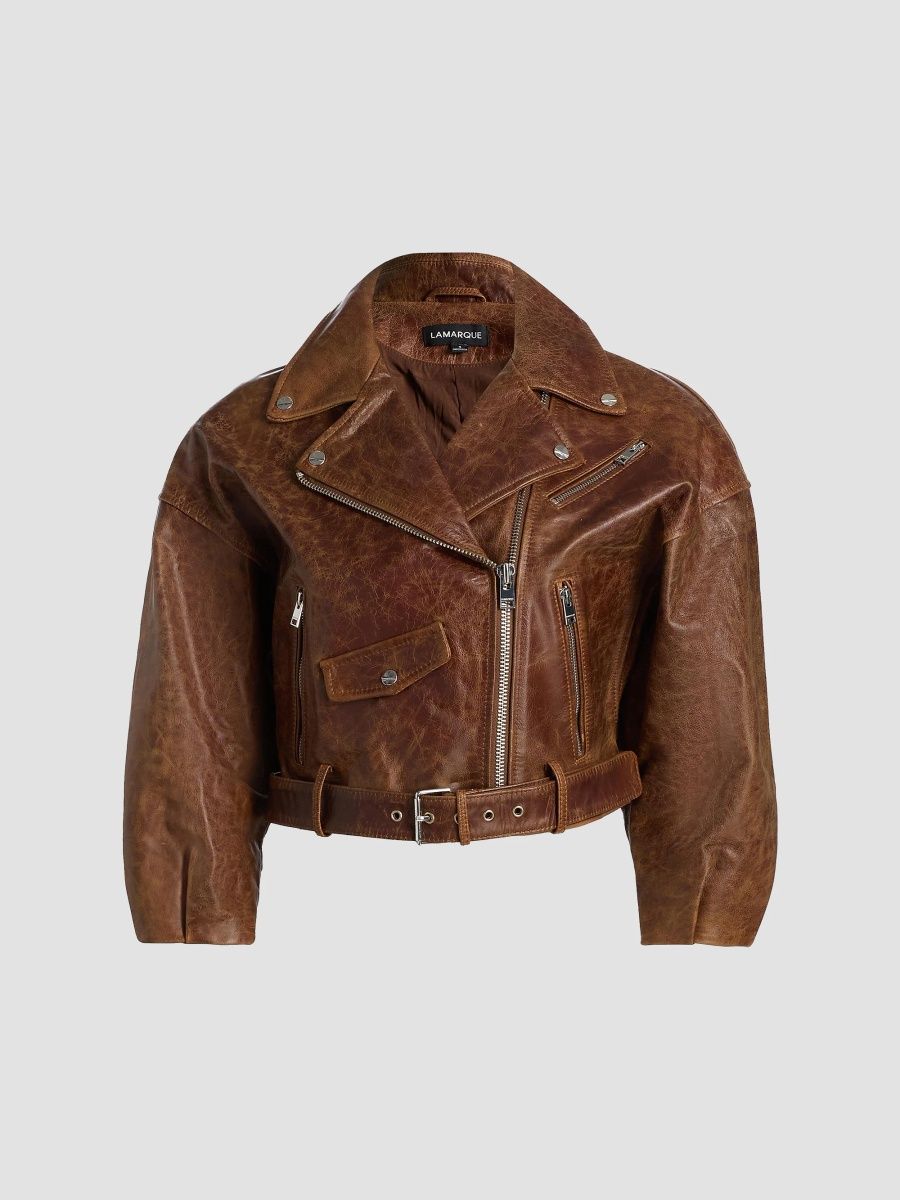 Lamarque Women's Vinnie Leather Crop Biker Jacket - Brown - Size Medium