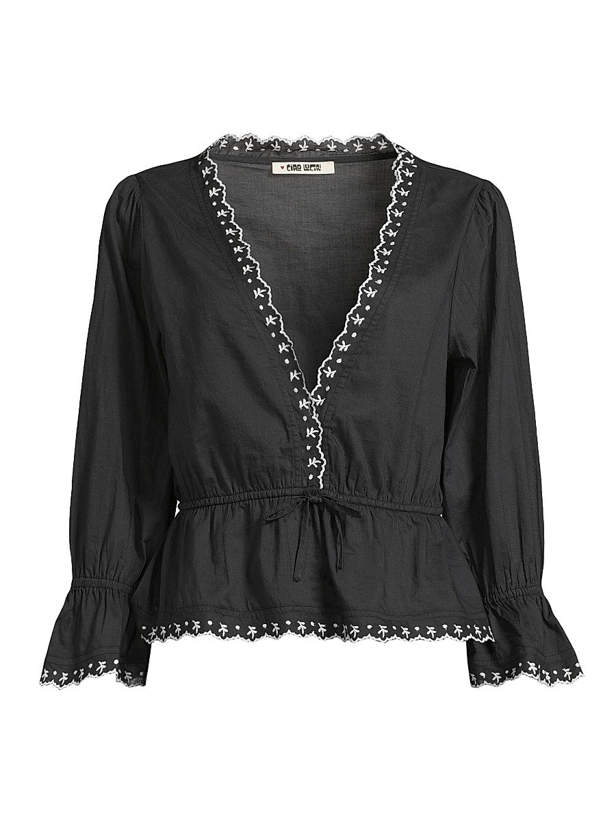 Women's Renata Embroidered Cotton Voile Top - Black - Size XXL