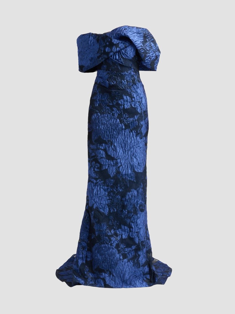 Pamella Roland Women's Floral Fil Coupé Off-Shoulder Gown - Navy Multi - Size 14