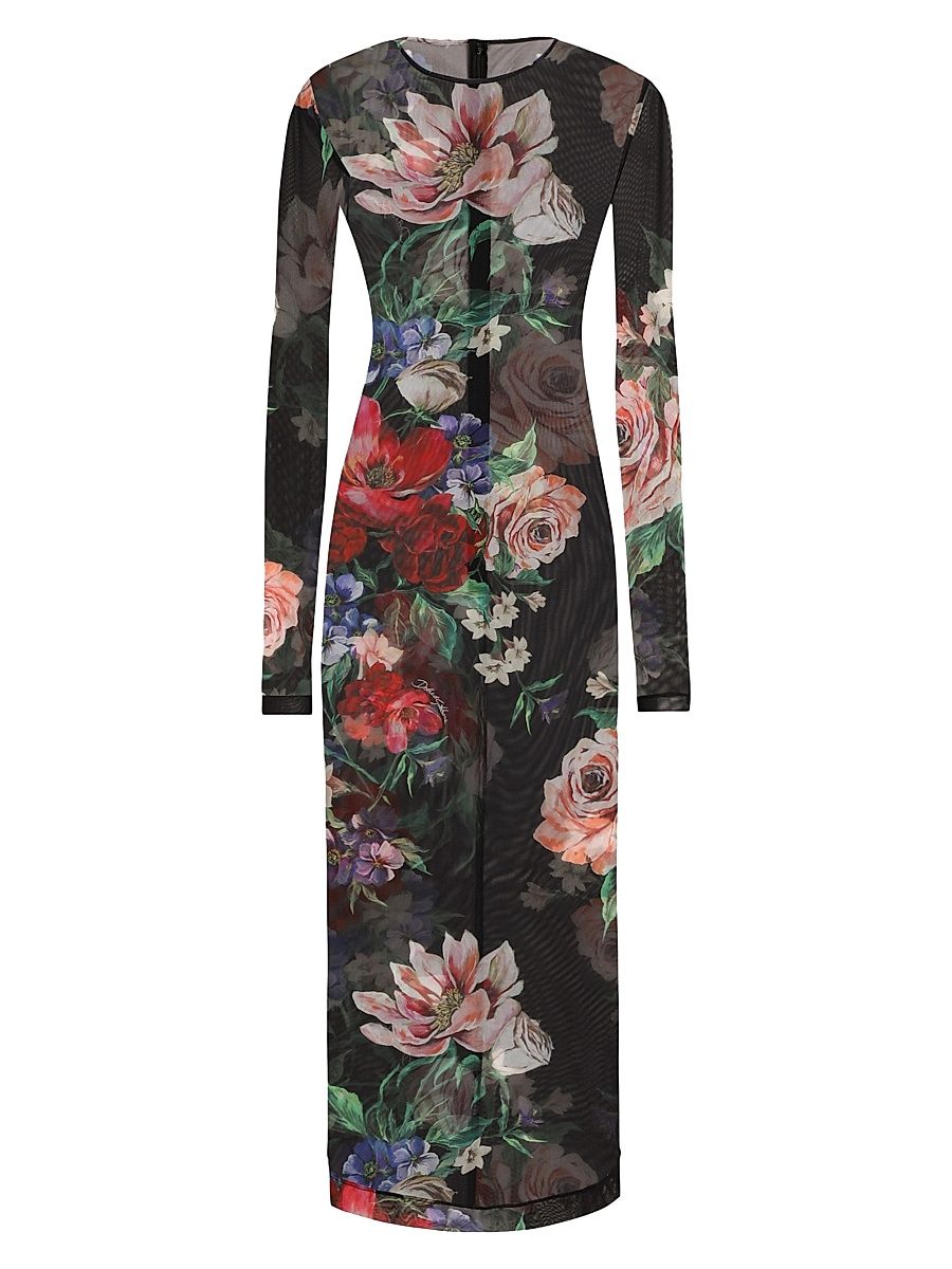 Women's Floral Sheer Mesh Midi-Dress - Charcoal - Size 0