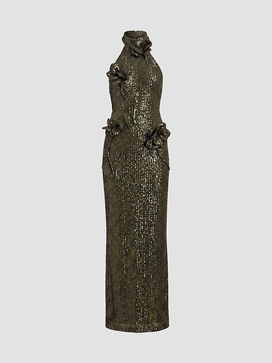 Women's Sequin 3D Flower Halter Column Gown - Olive - Size 2