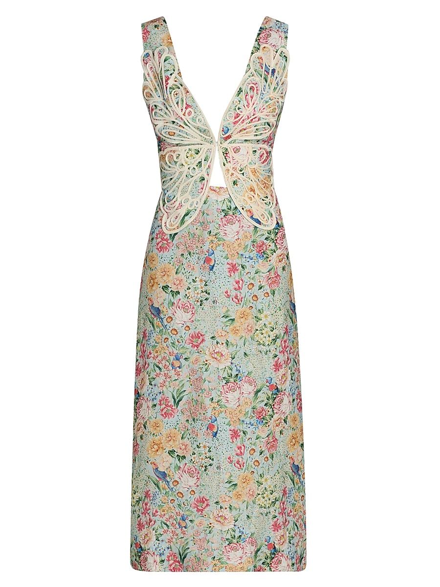 Women's Rendeira Butterfly-Embroidered Floral Midi-Dress - Off White - Size Large