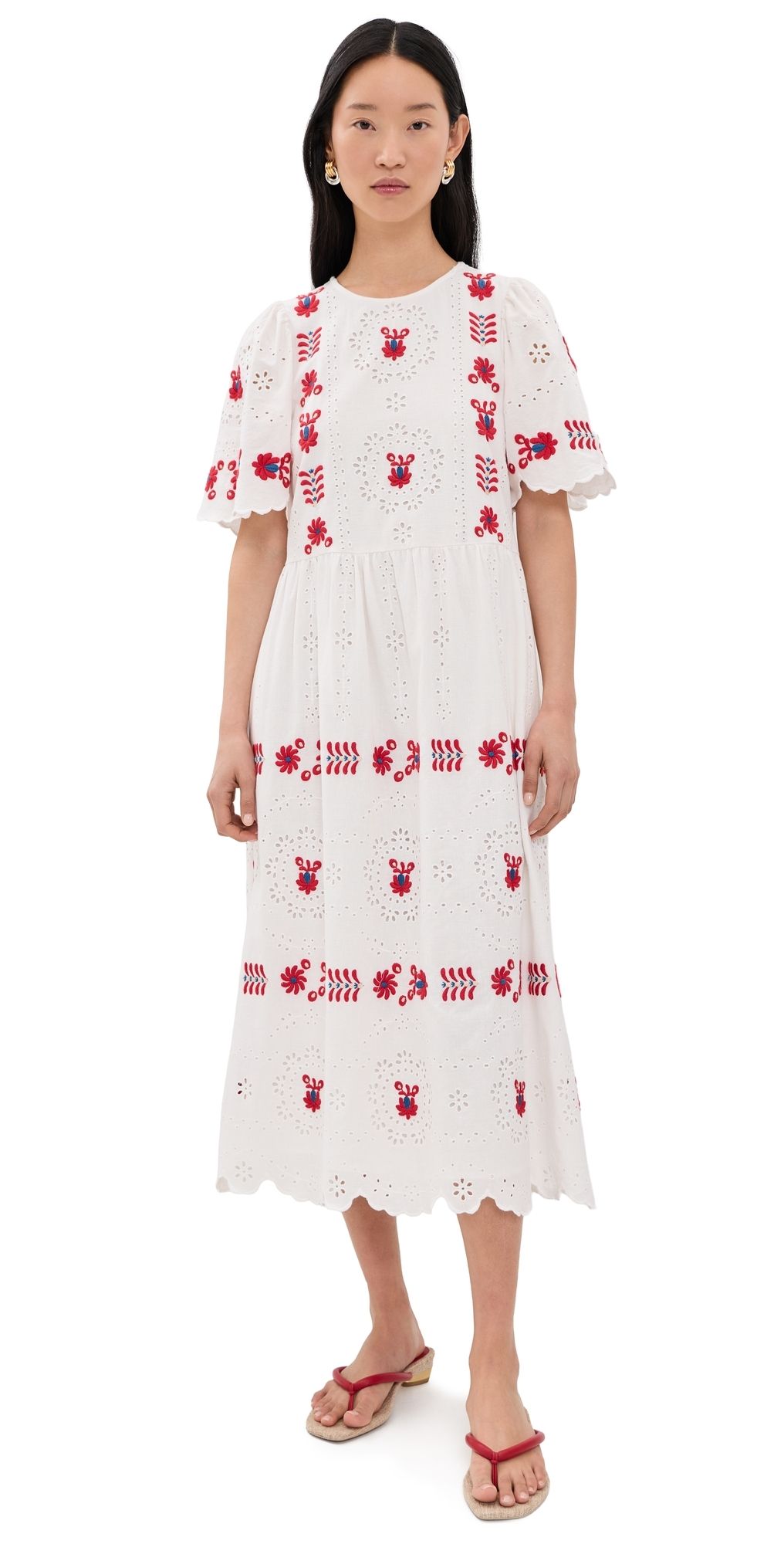 Sea Catharina Embroidered Short Sleeve Midi Dress Cream XS