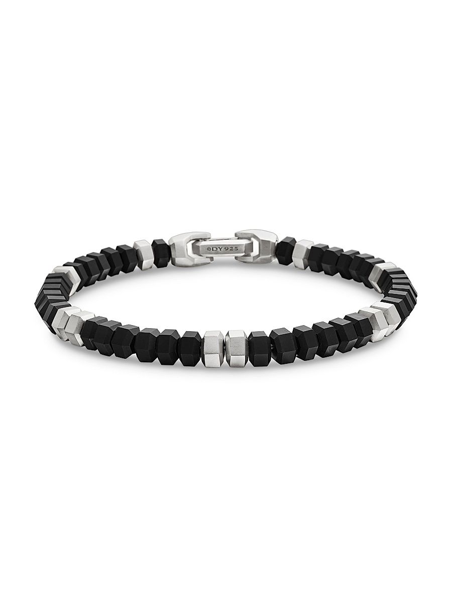 Men's Hex Bead Bracelet in Sterling Silver - Black Onyx - Size Medium