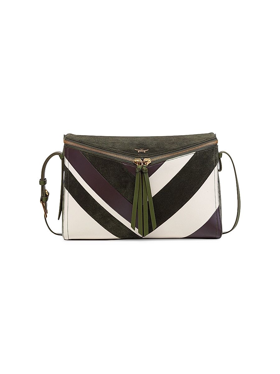 Women's Medium Diamond Leather Shoulder Bag - Khaki Moss Suede