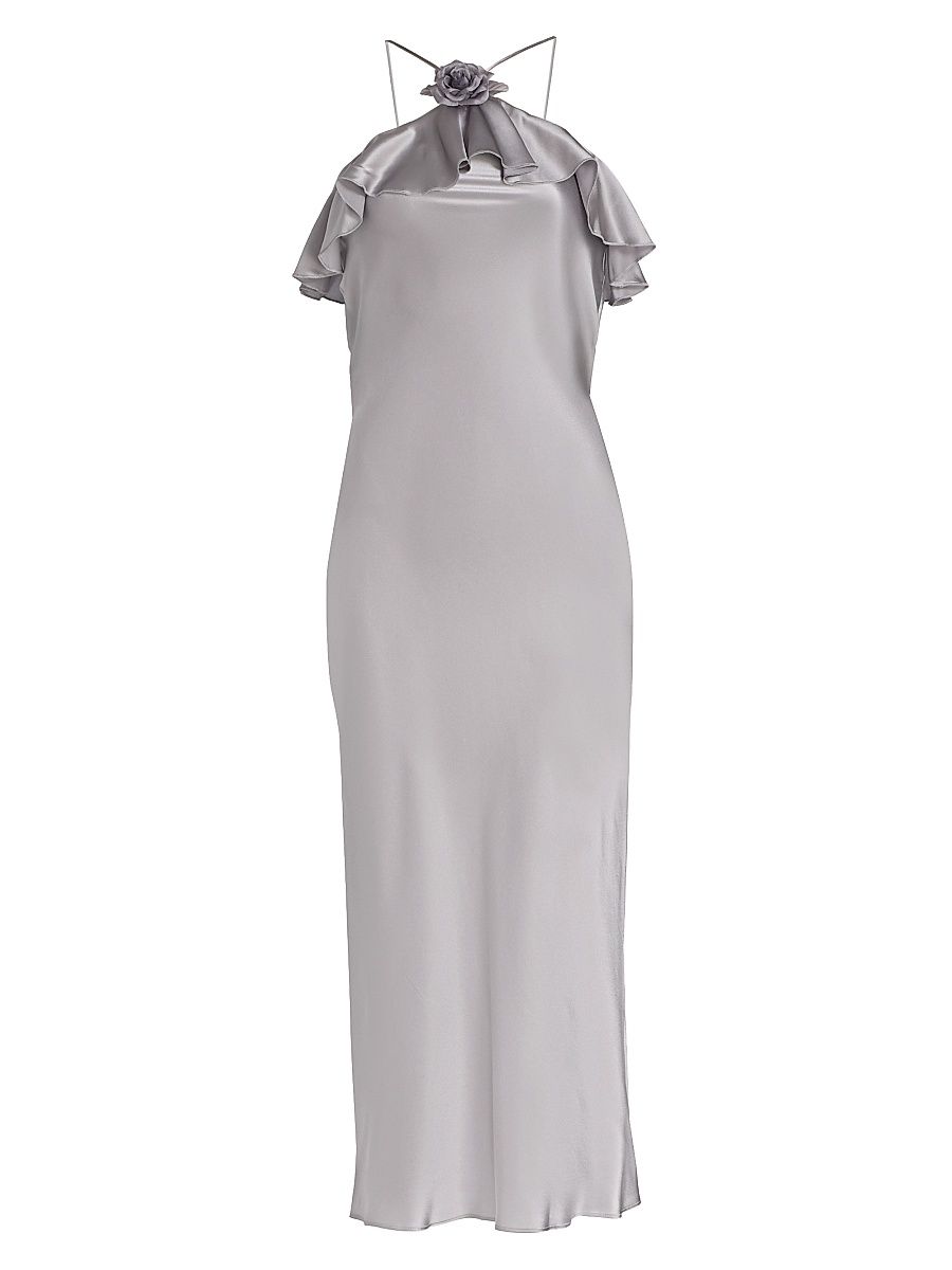 Women's Rosette Silk Halterneck Midi-Dress - Gray - Size 8