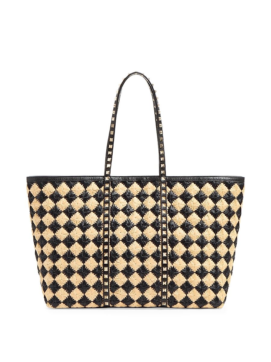 Women's Rockstud Embroidered Shopping Bag - Natural Black