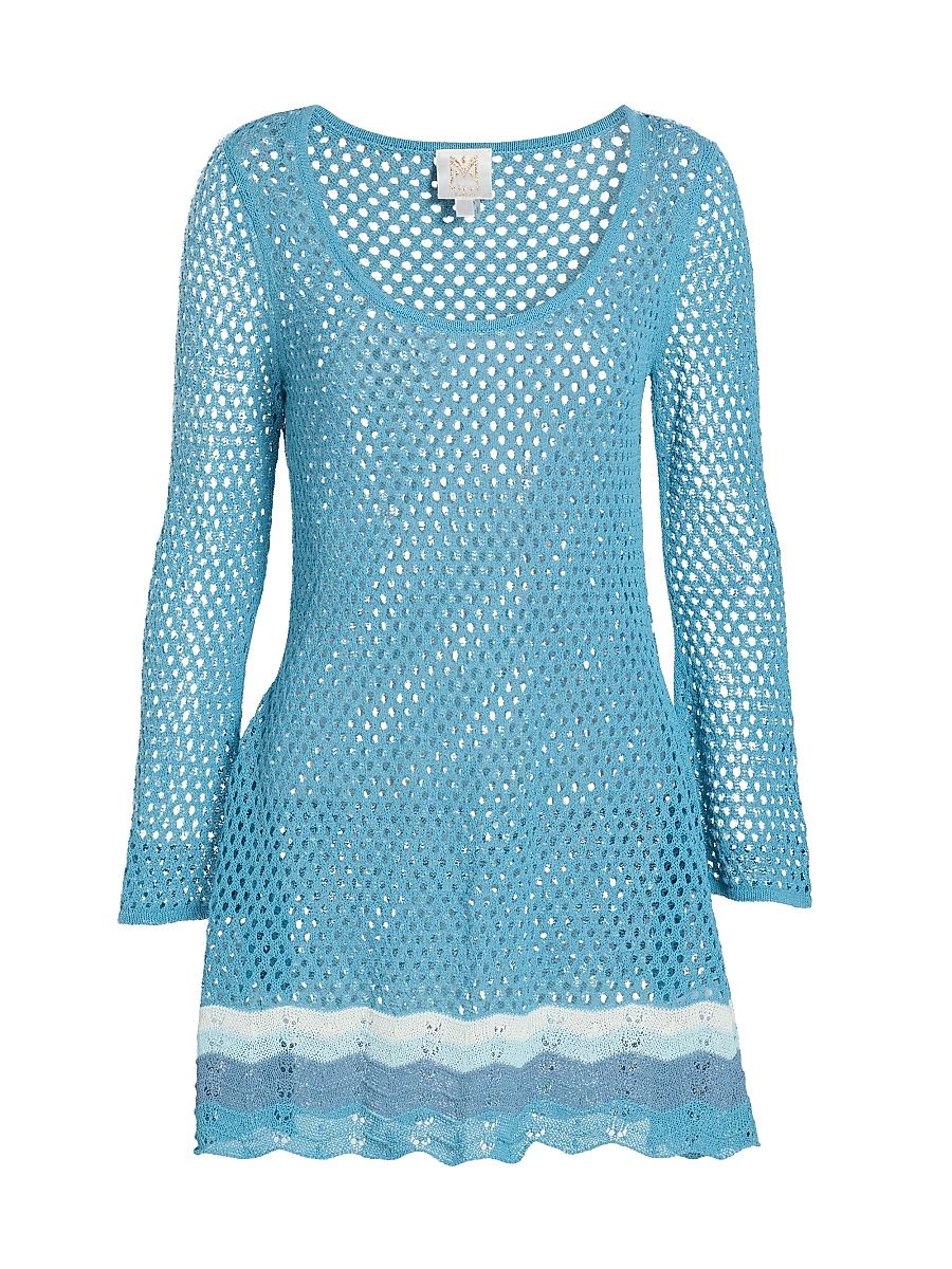 Women's Cotton-Blend Crochet-Knit Cover-Up Minidress - Blue Multi - Size Large