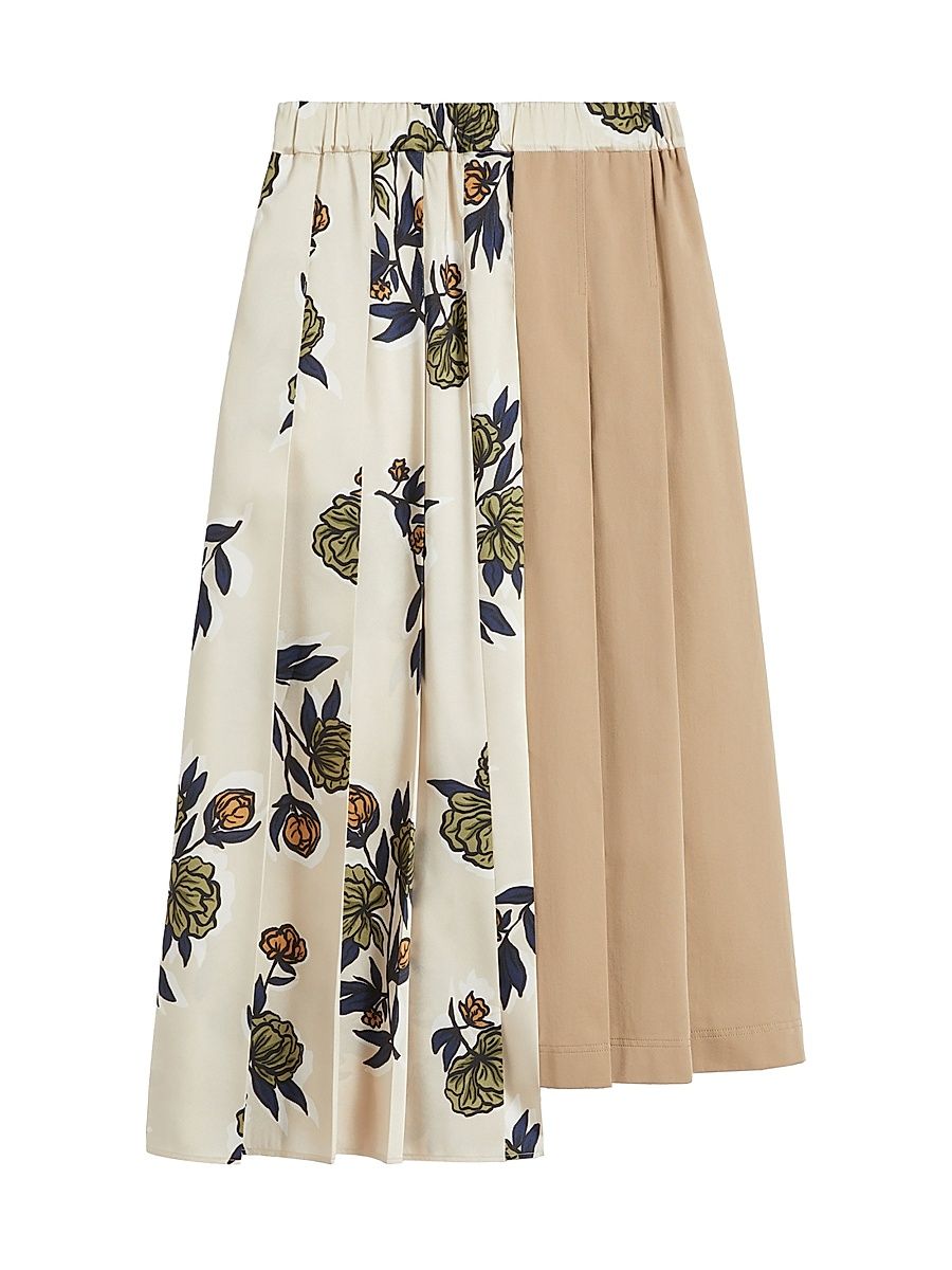 Women's Pleated Skirt in Patterned Twill - Beige Flower Print - Size 12