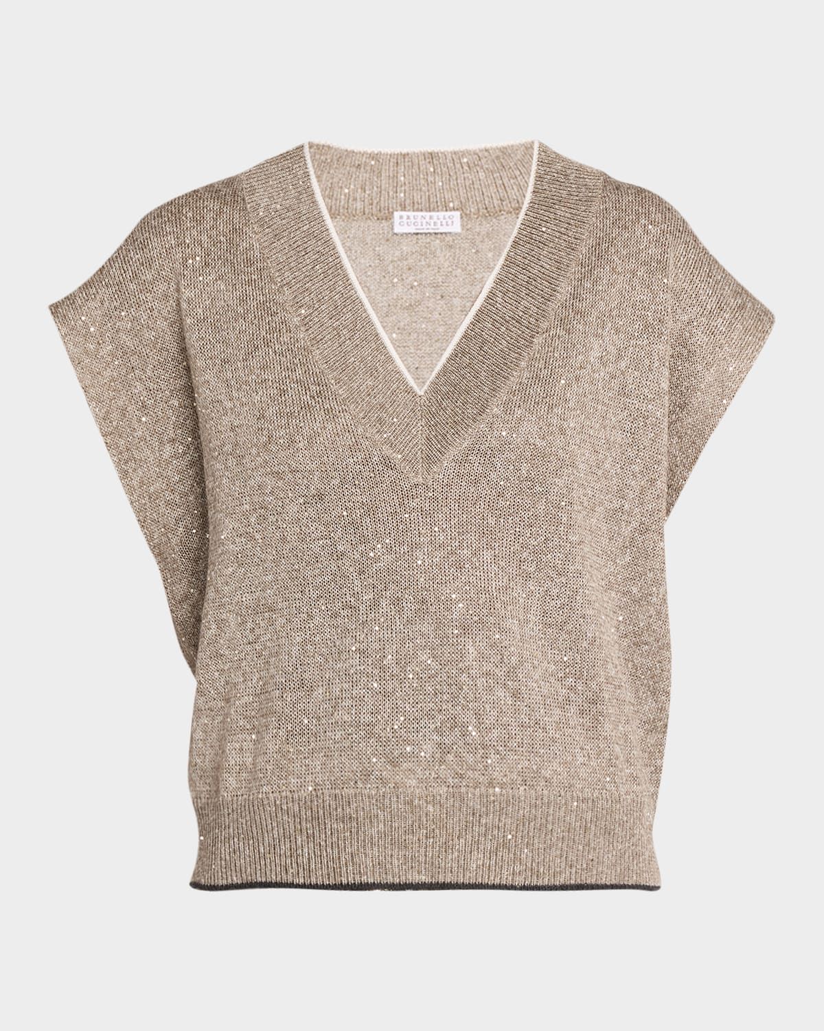 Paillette Linen-Cotton Knit Vest