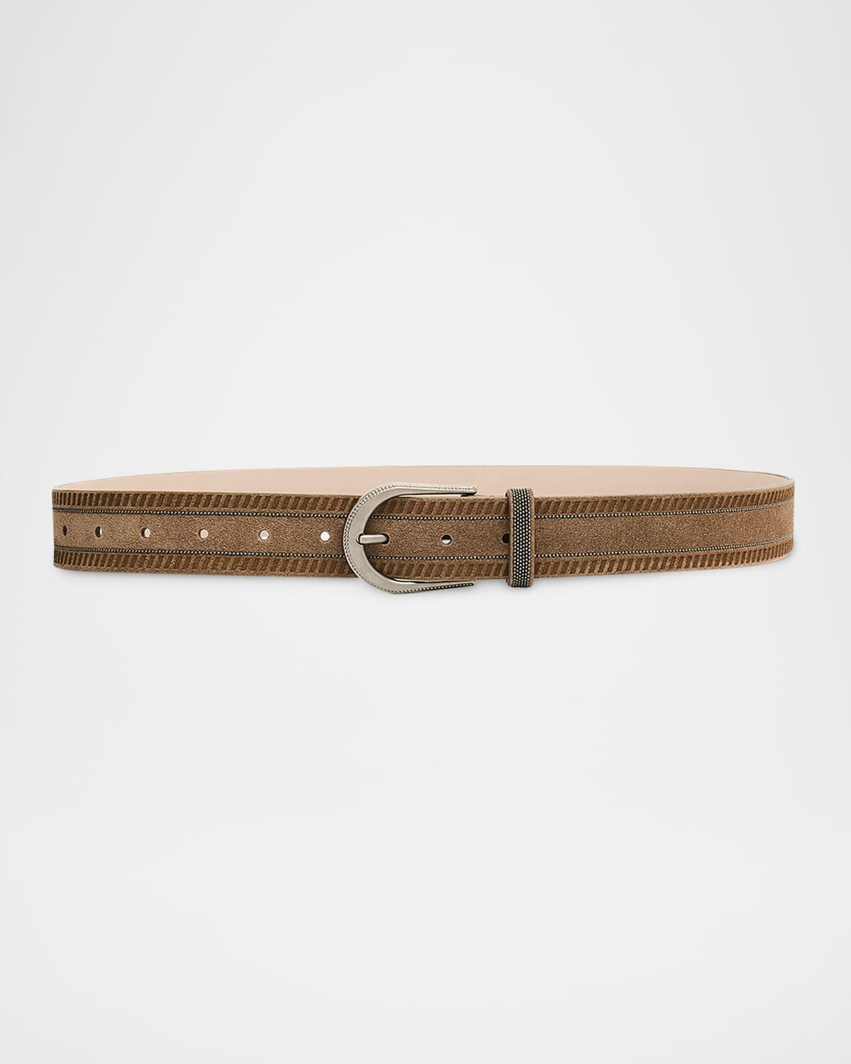 Wes Textured Suede Belt with Monili Trim