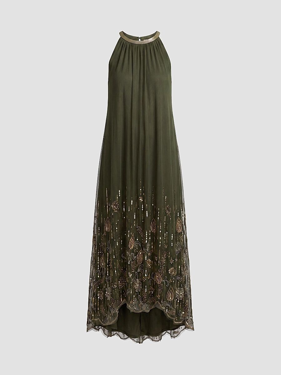 Women's Sequined Pleated Halter Midi Dress - Antique Green - Size XL