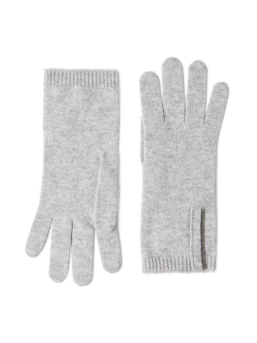 Women's Cashmere Knit Gloves with Monili - Light Grey - Size Small